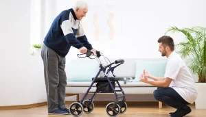 Using walkers with wheels is easier for seniors with low strength. An older man walking using a rollator with a younger man teaching him how to use it.